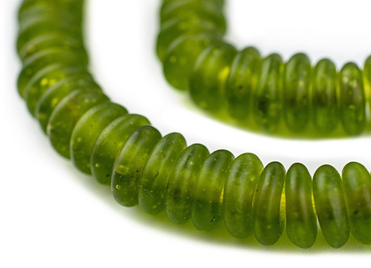 The Bead Chest African Disk Recycled Glass Beads - Full Strand of Eco-Friendly Ghanaian Rondelle Beads (Lime Green)